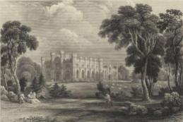 Old print of Crawford Priory. Note the crows circling overhead, ancestors of present-day inhabitants.