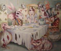 Painting of tea scene from Alice in Wonderland