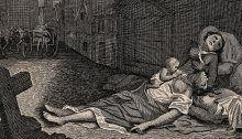 Engraving of a two women lying dead on city street, one with baby, next to cross. In the background, a cart of bodies is pulled down the street.